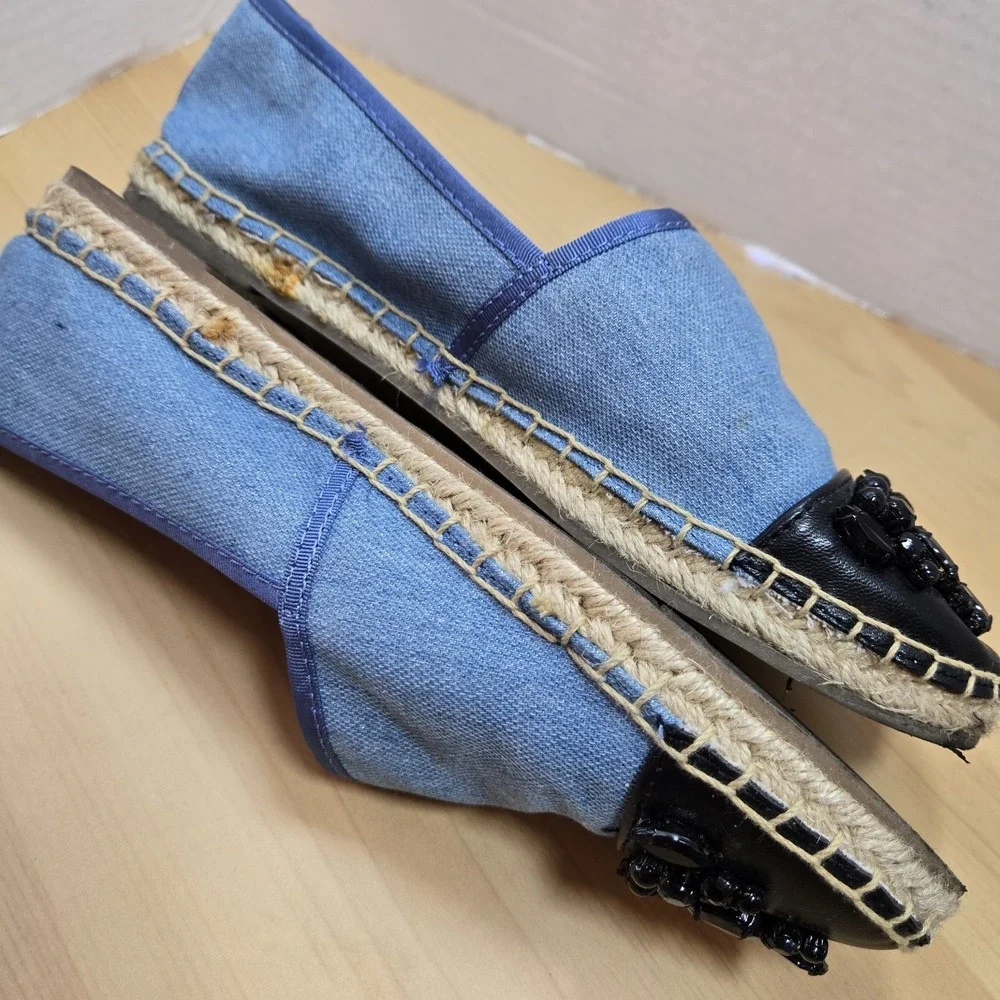 Circus by Sam Edelman Blue Espadrille Flats Black Beaded Toe Women's Size 8